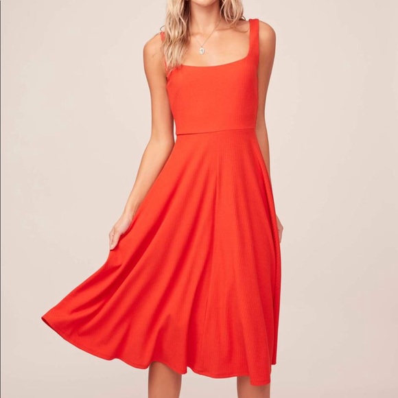 red flowy midi dress